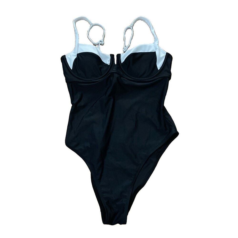 Cupshe x JoJo Fletcher Audrey V-Wire Colorblock Swimsuit Black White Medium NWT